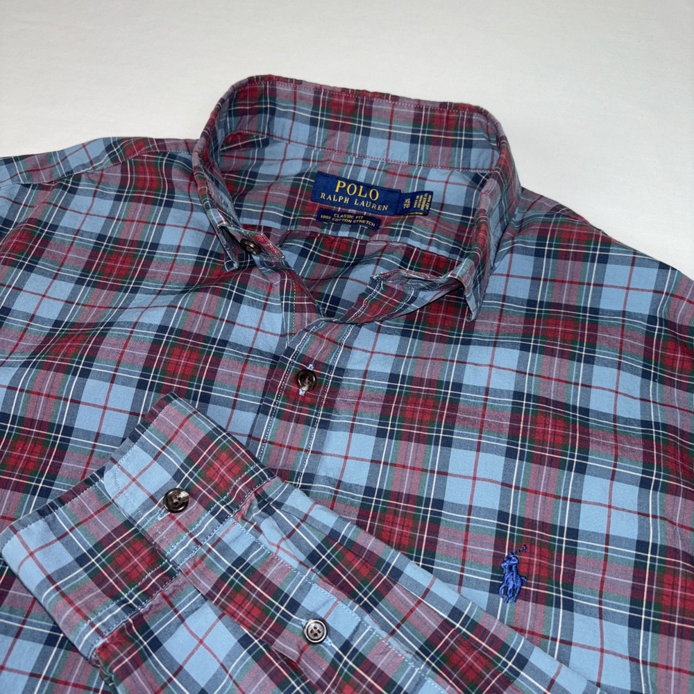 Polo Ralph‎ Lauren EUC Plaid Button Down Men's XL Blue Red Classic Fit Stretch